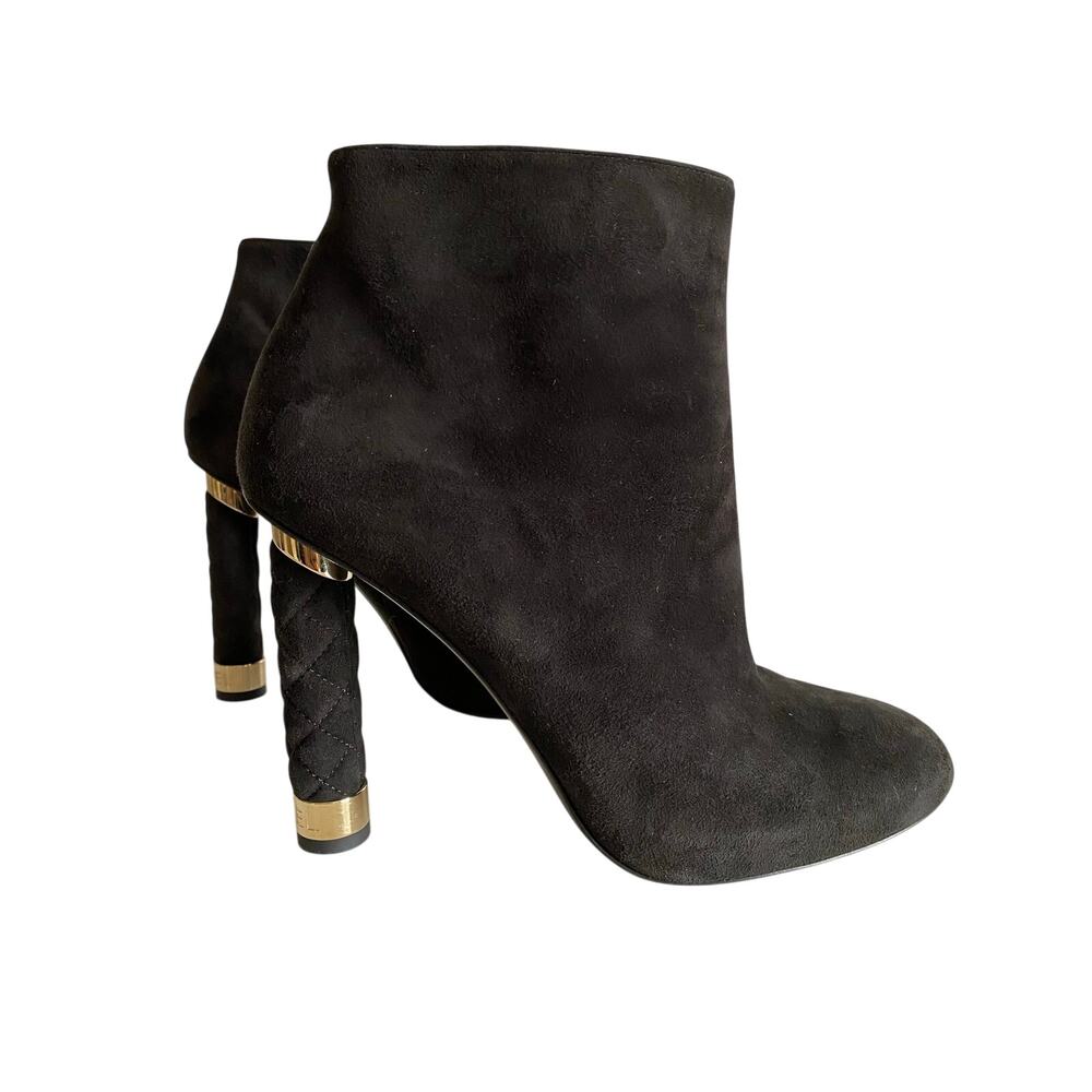 Chanel Black Suedeโ Ankle Boots Quilted Heel CC Gold Cap 39